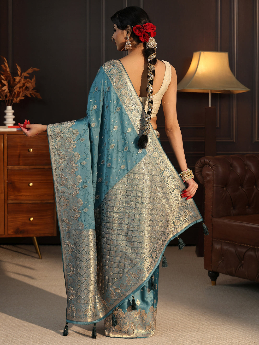  Libas Art Dusty Blue Ethnic Woven Design Satin Saree 