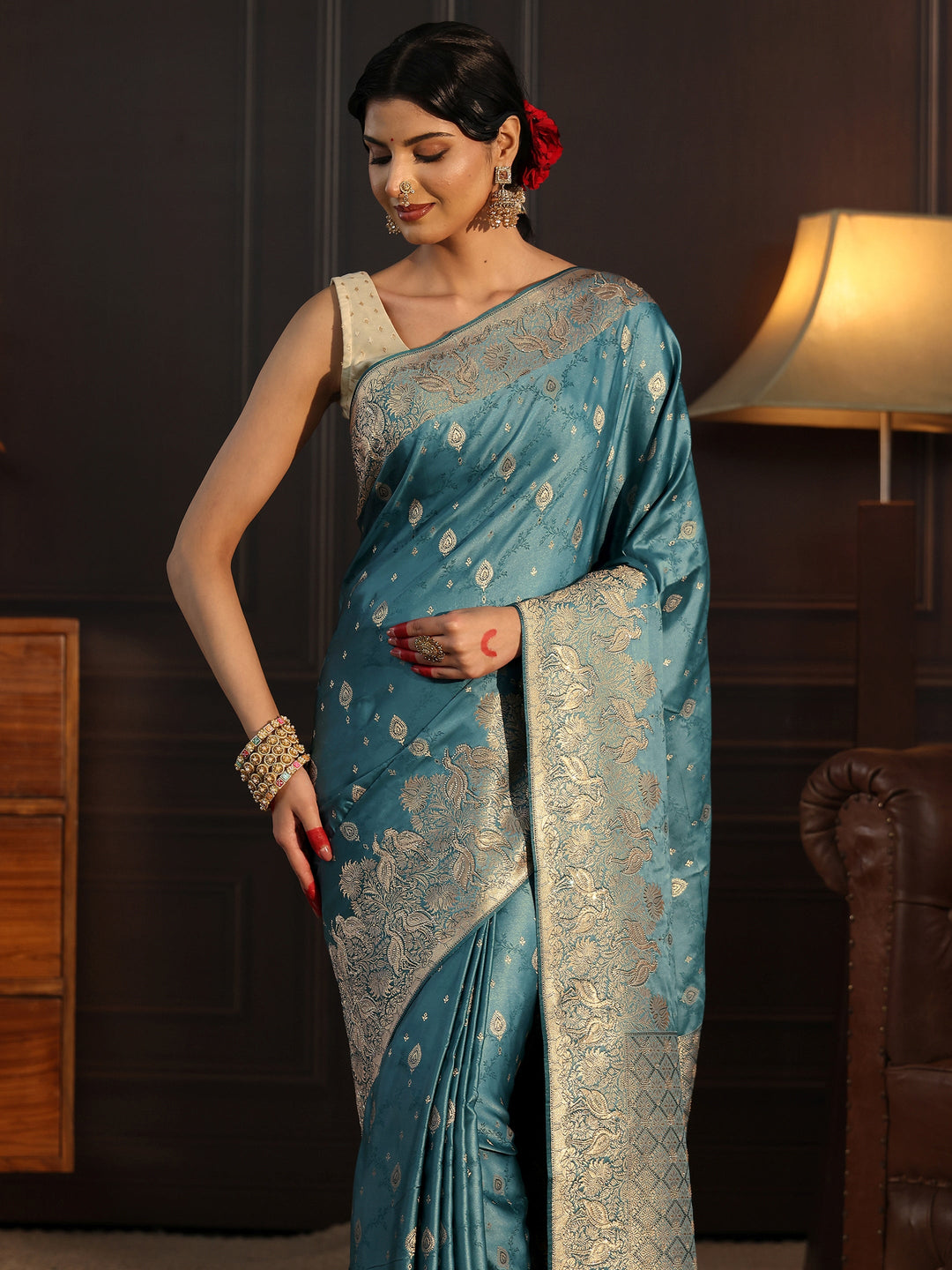  Libas Art Dusty Blue Ethnic Woven Design Satin Saree 