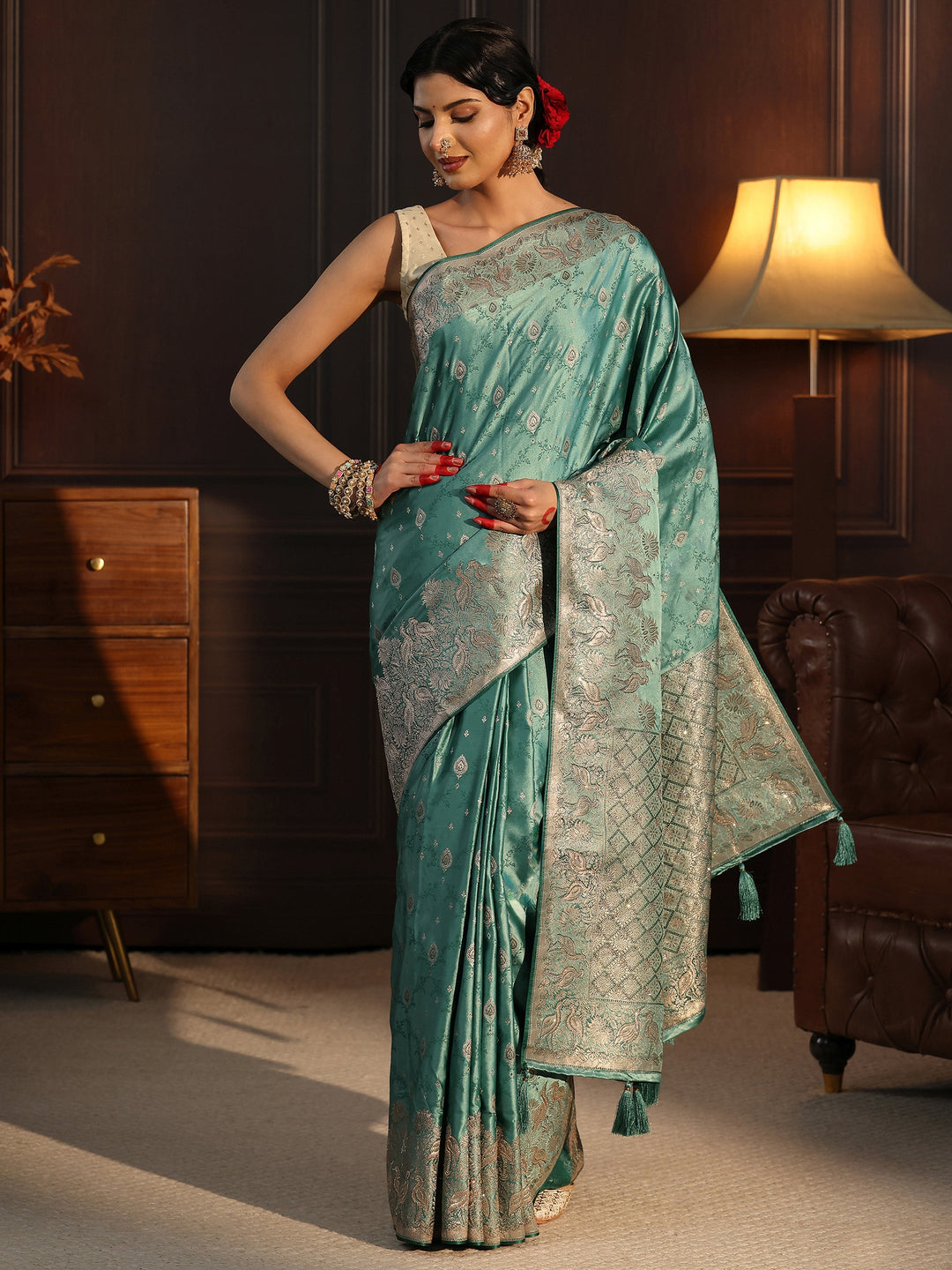  Libas Art Teal Blue Ethnic Woven Design Satin Saree 