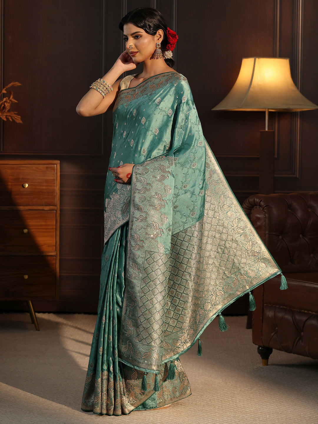  Libas Art Teal Blue Ethnic Woven Design Satin Saree 