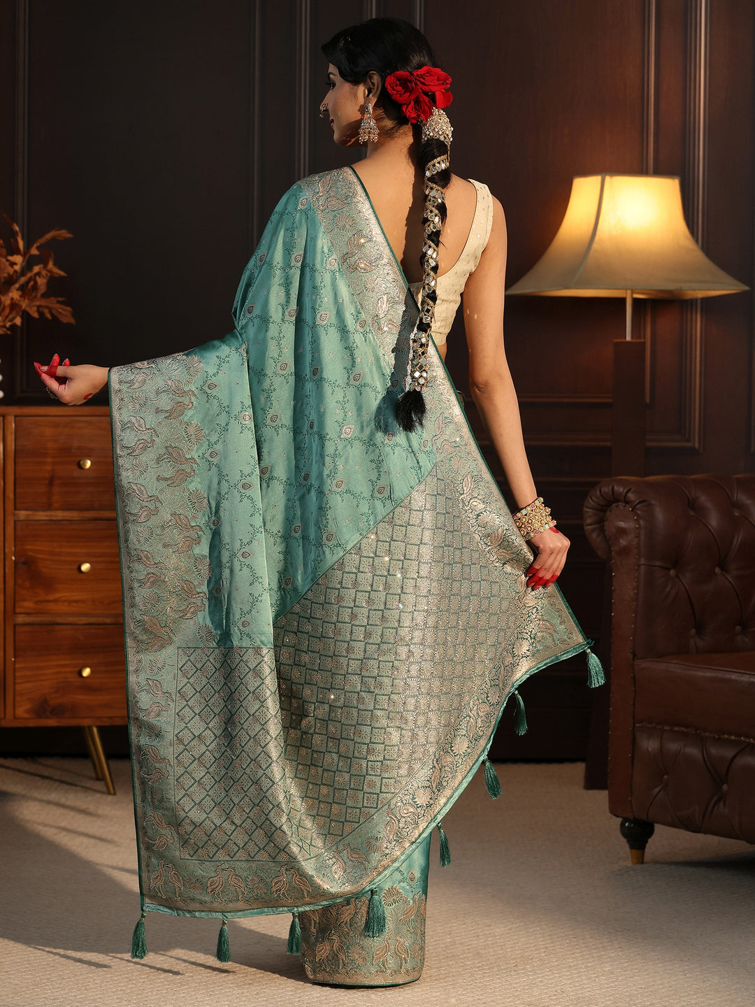  Libas Art Teal Blue Ethnic Woven Design Satin Saree 