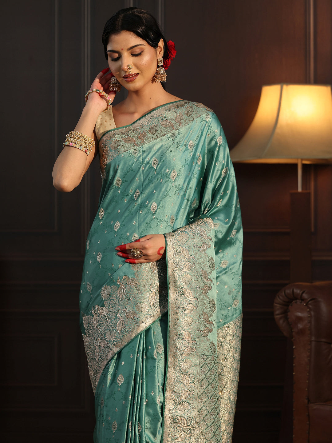  Libas Art Teal Blue Ethnic Woven Design Satin Saree 