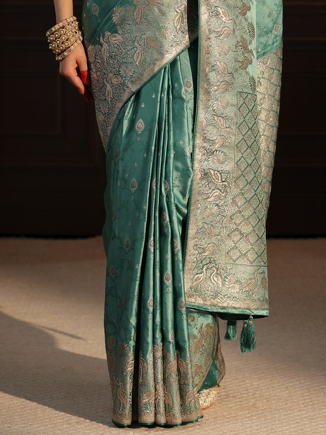  Libas Art Teal Blue Ethnic Woven Design Satin Saree 