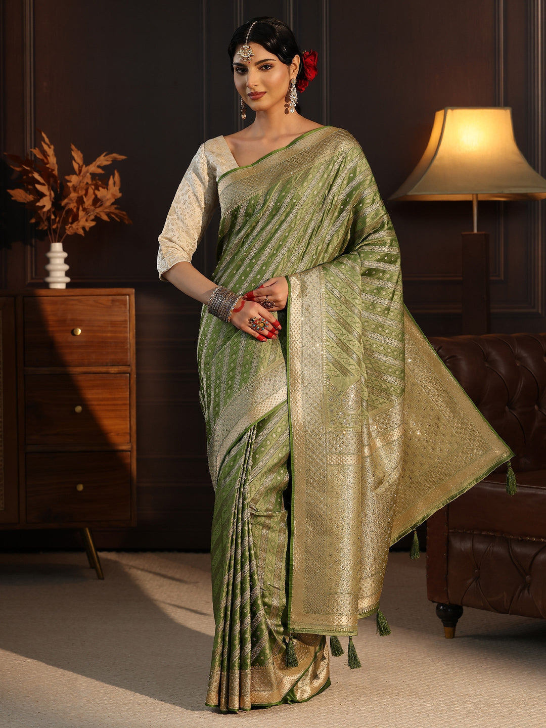  Libas Art Green Ethnic Striped Satin Saree with Stone Work 