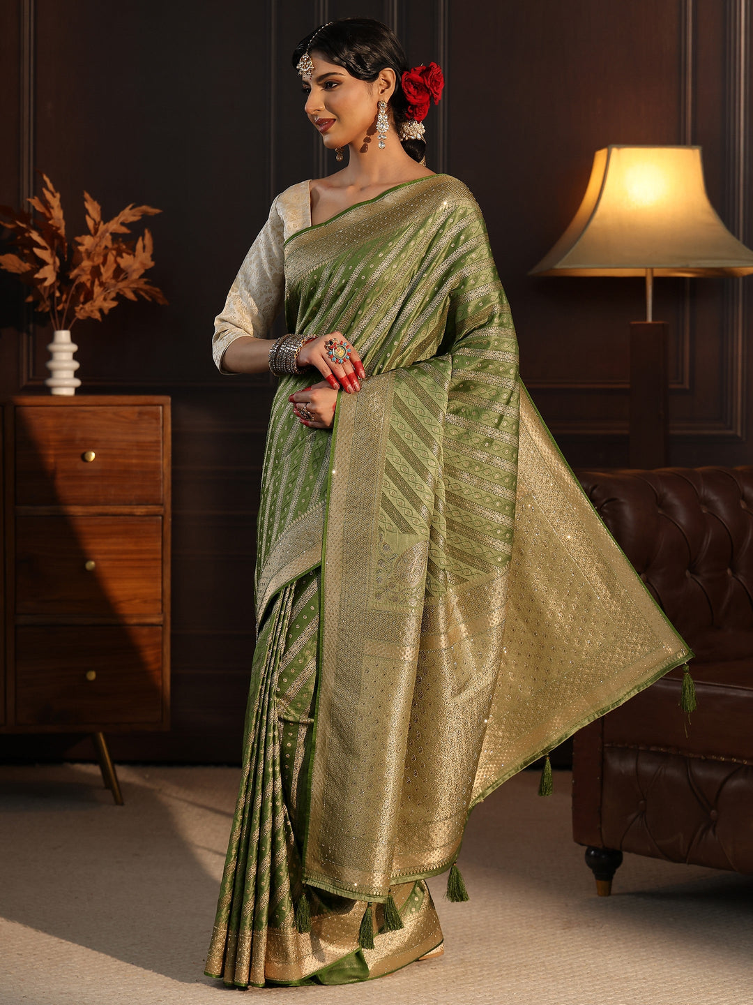  Libas Art Green Ethnic Striped Satin Saree with Stone Work 