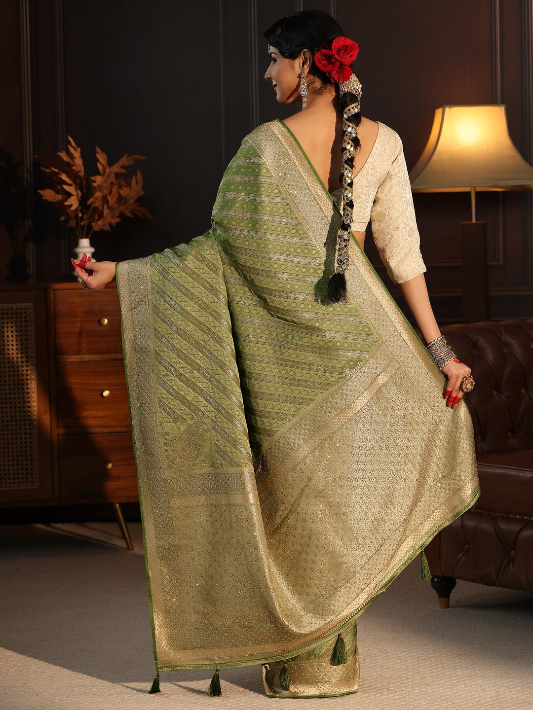  Libas Art Green Ethnic Striped Satin Saree with Stone Work 