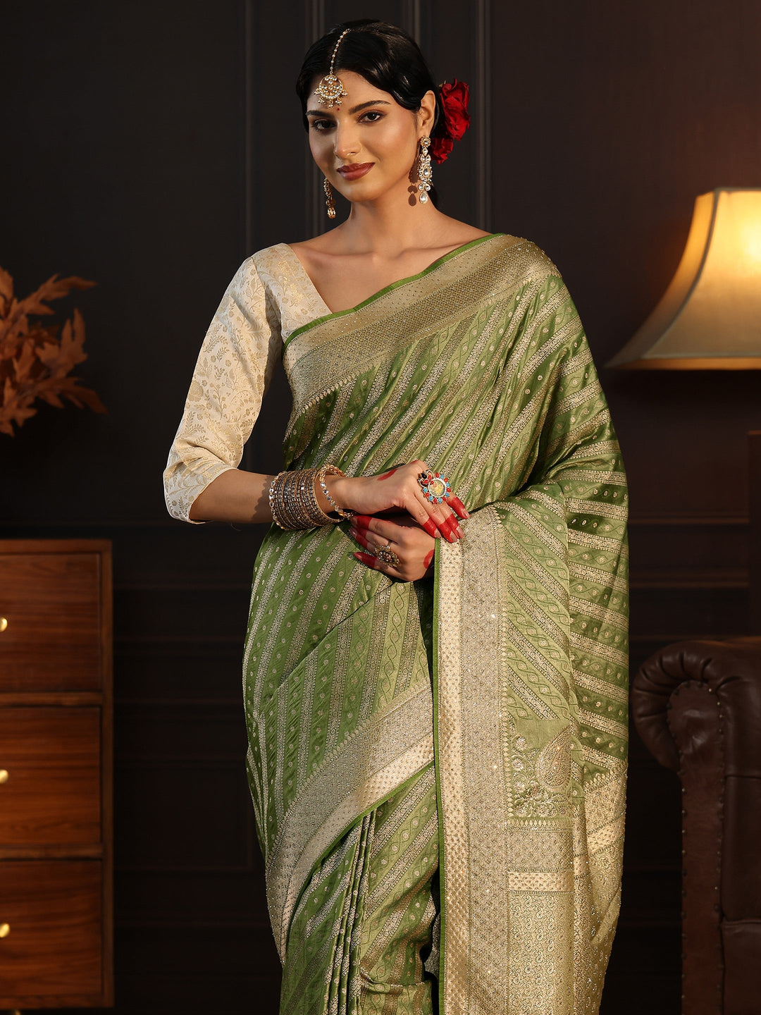  Libas Art Green Ethnic Striped Satin Saree with Stone Work 