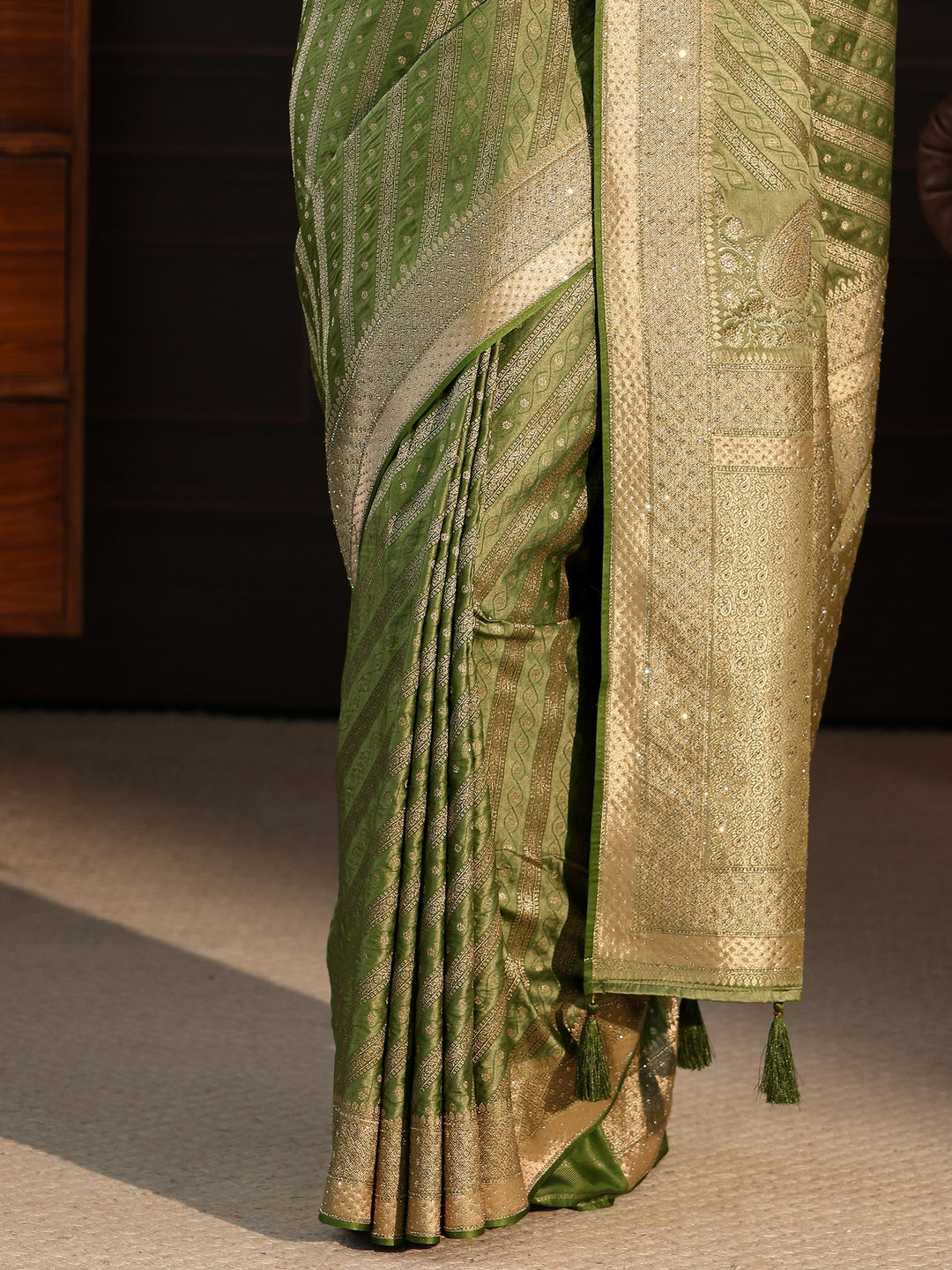  Libas Art Green Ethnic Striped Satin Saree with Stone Work 