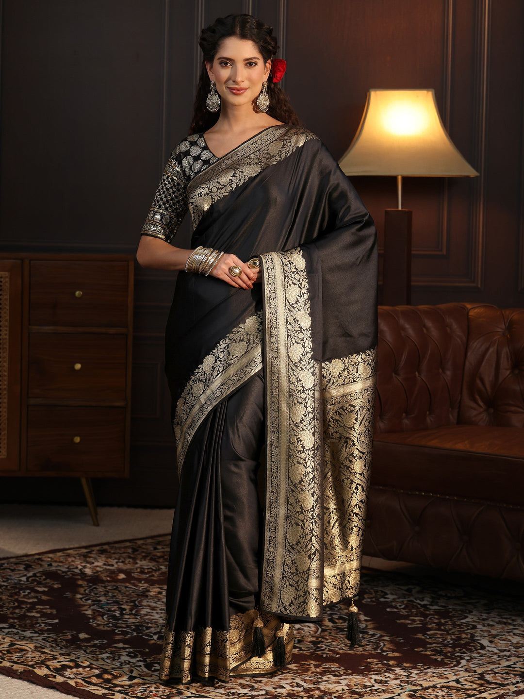  Libas Black Silk Blend Tassel Saree with Floral Woven Border 