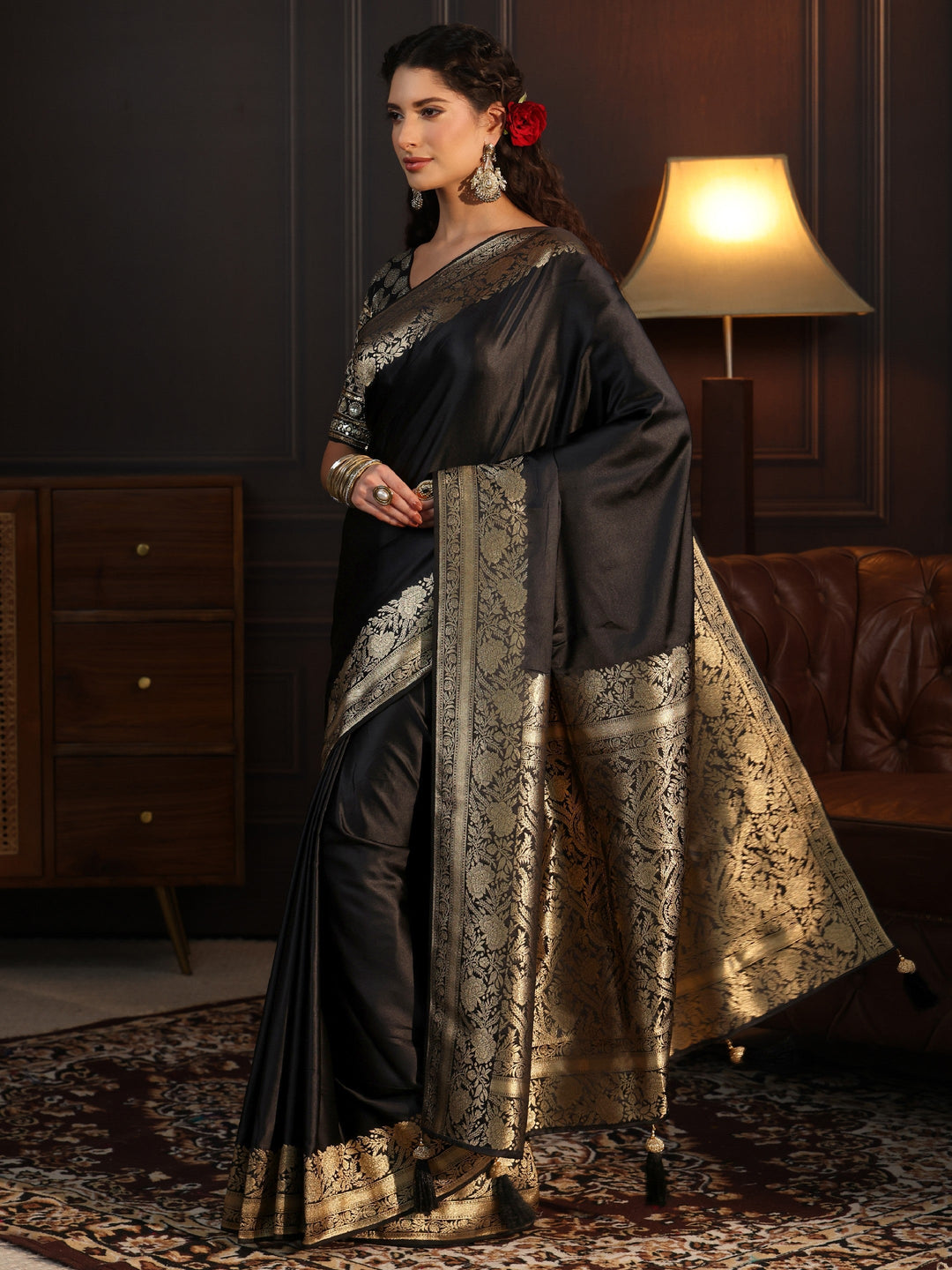  Libas Black Silk Blend Tassel Saree with Floral Woven Border 
