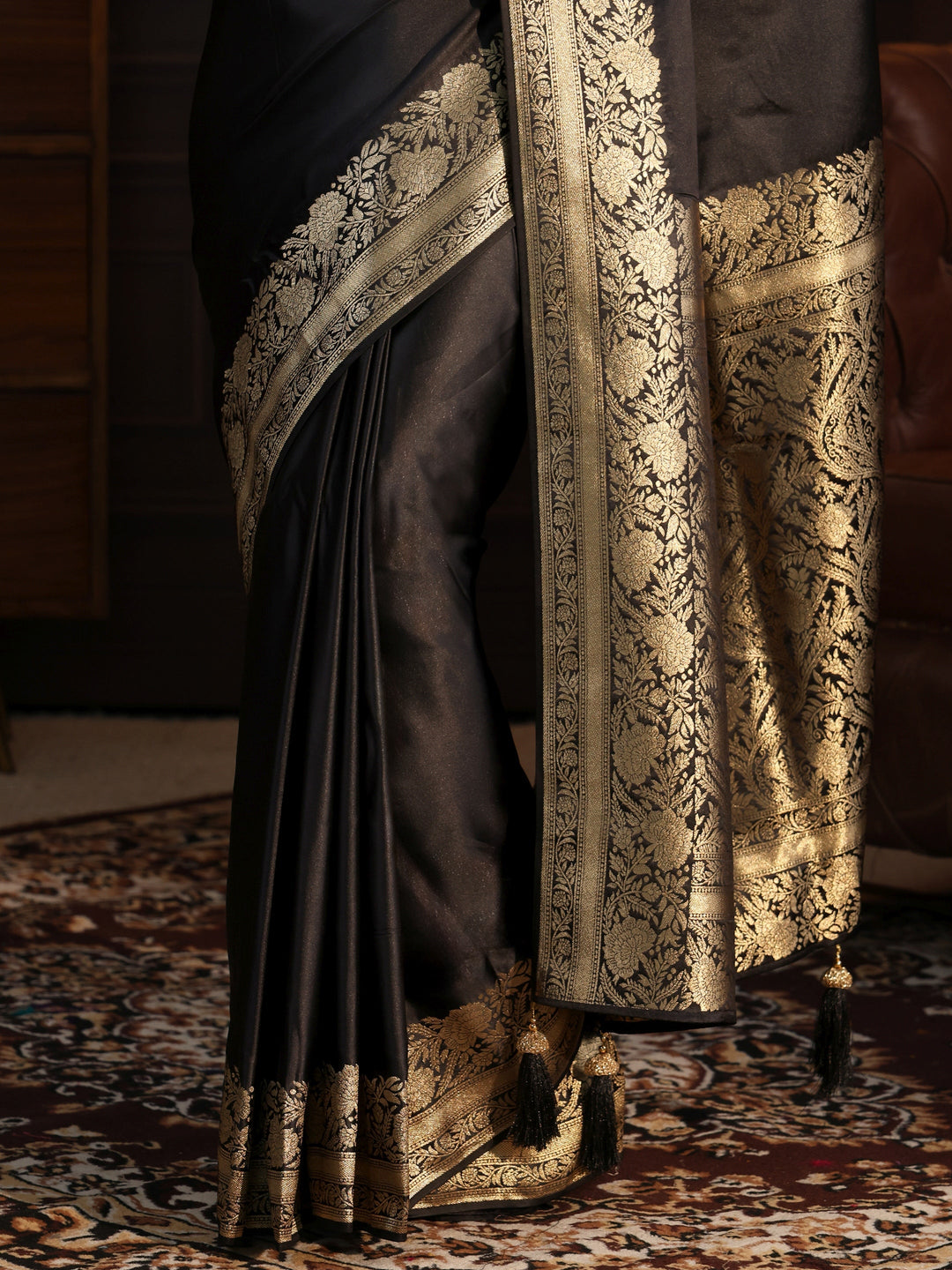  Libas Black Silk Blend Tassel Saree with Floral Woven Border 