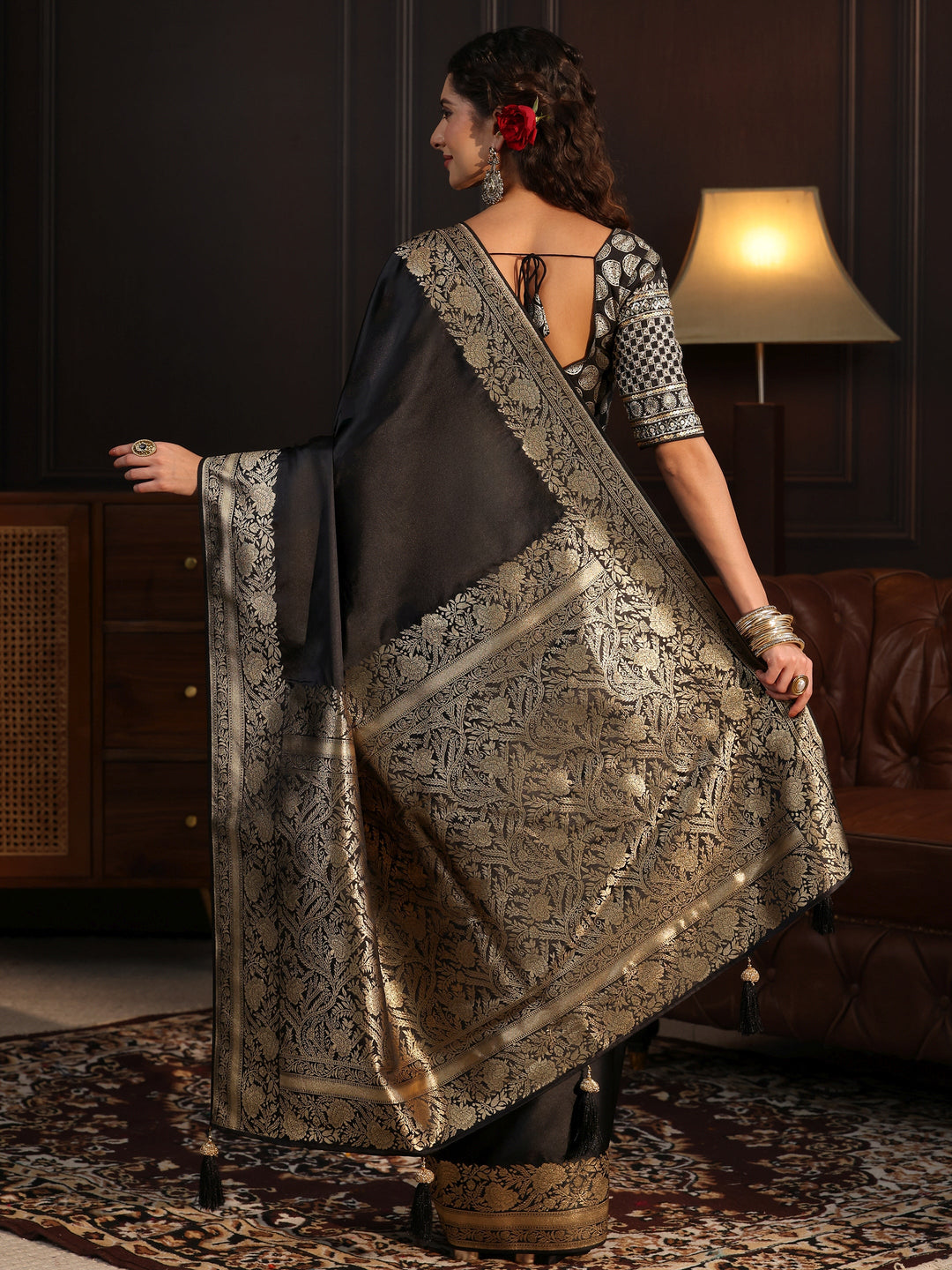  Libas Black Silk Blend Tassel Saree with Floral Woven Border 