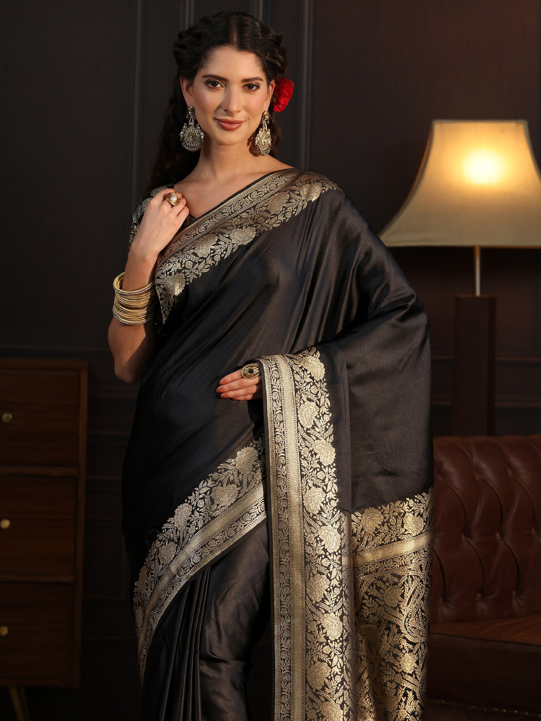  Libas Black Silk Blend Tassel Saree with Floral Woven Border 