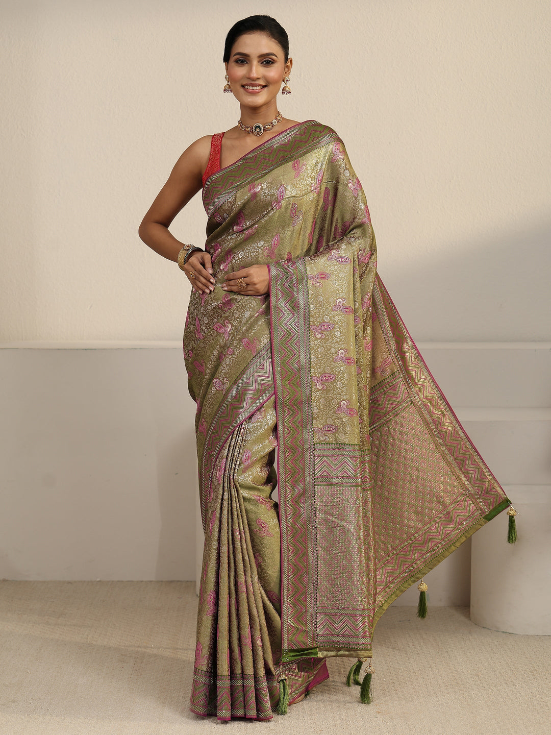  Libas Light Olive Green Woven Design Silk Blend Saree with Stone Work 