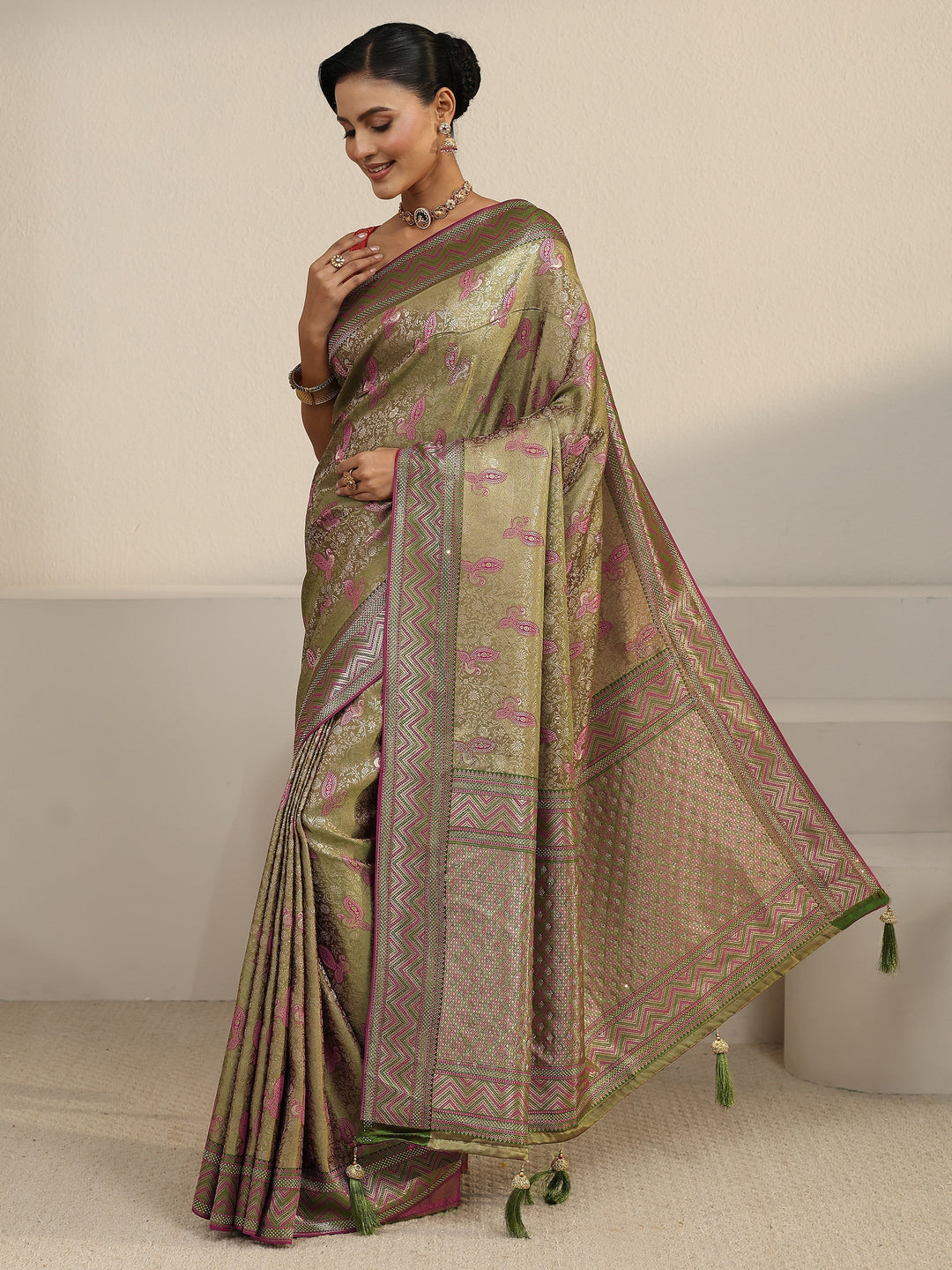  Libas Light Olive Green Woven Design Silk Blend Saree with Stone Work 