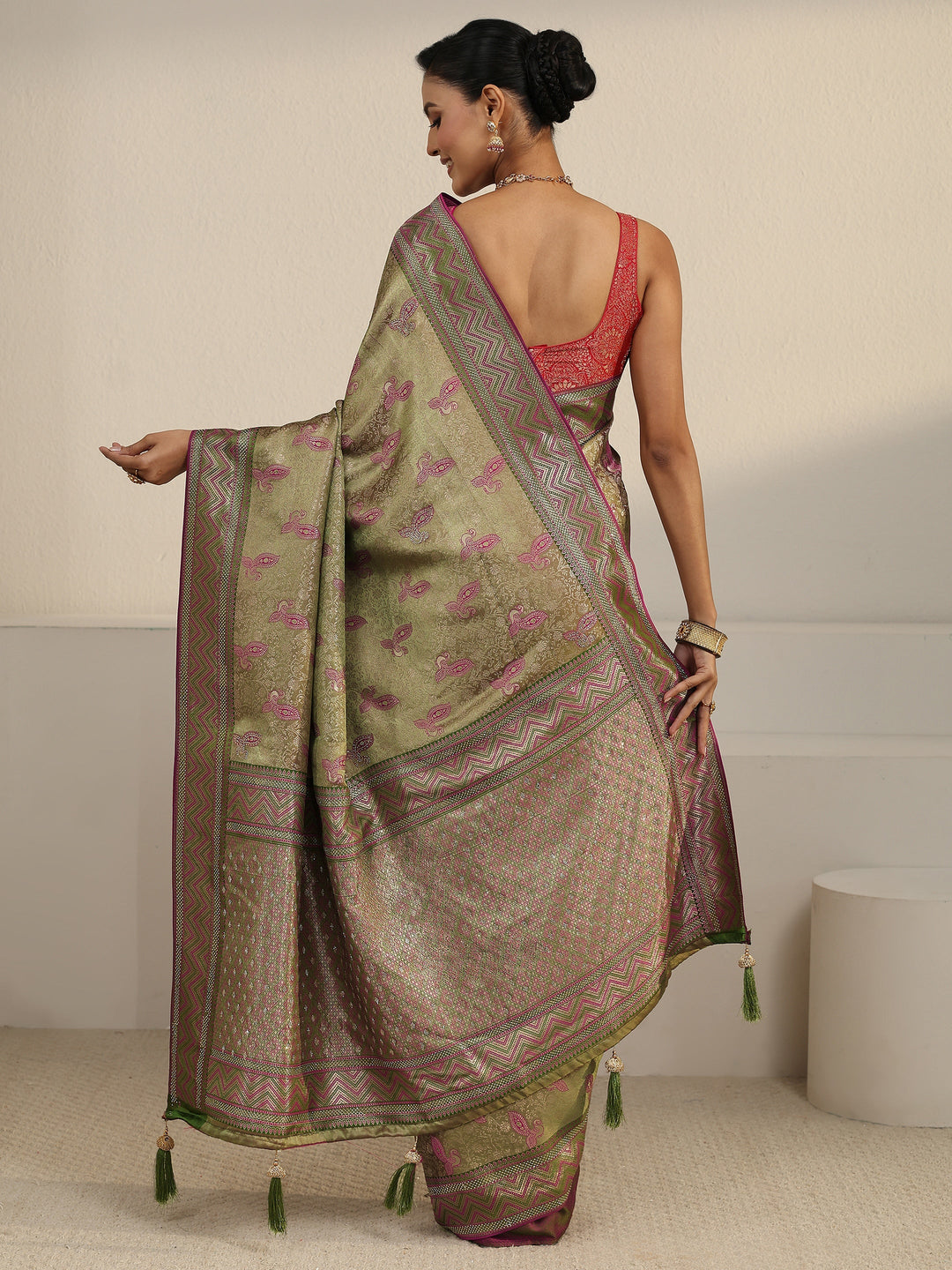  Libas Light Olive Green Woven Design Silk Blend Saree with Stone Work 