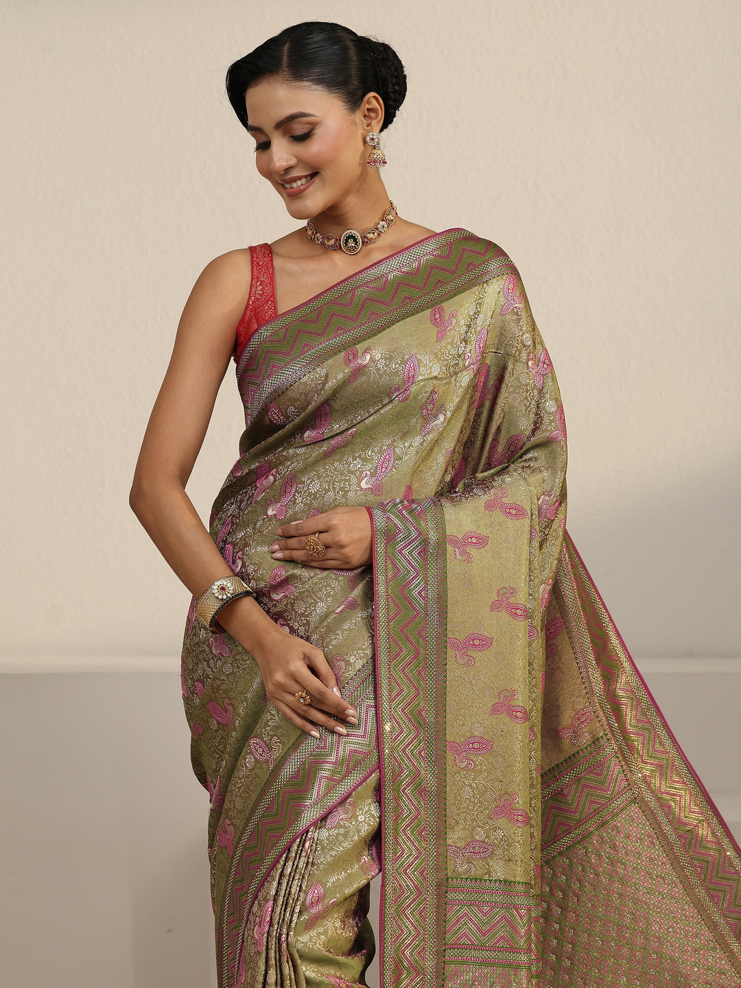  Libas Light Olive Green Woven Design Silk Blend Saree with Stone Work 