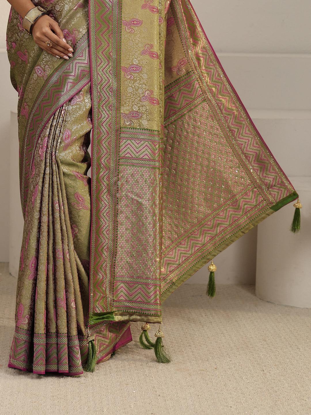  Libas Light Olive Green Woven Design Silk Blend Saree with Stone Work 
