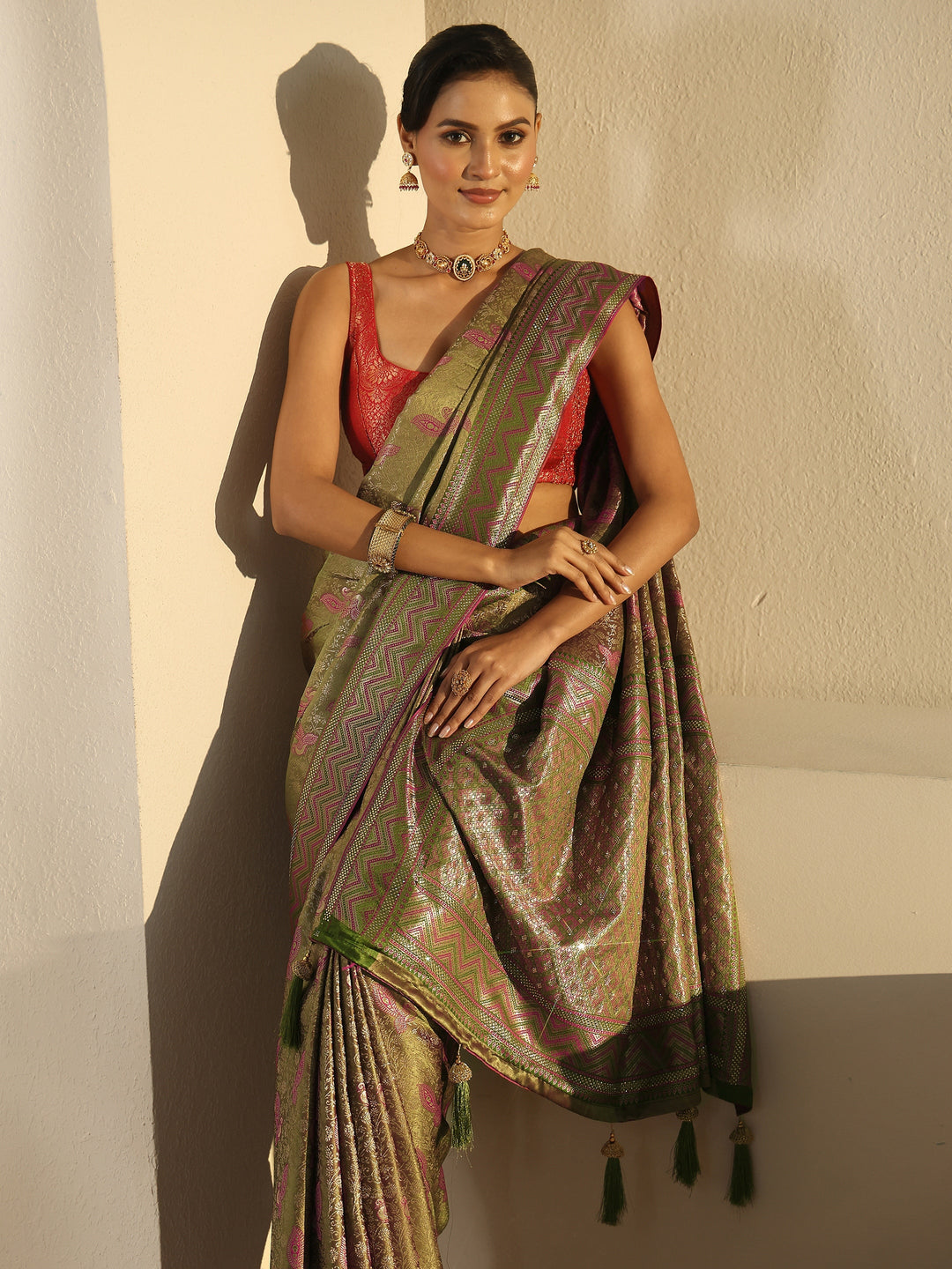  Libas Light Olive Green Woven Design Silk Blend Saree with Stone Work 