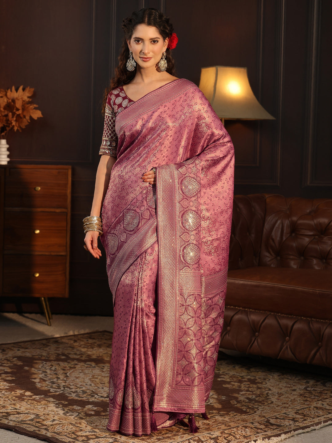  Libas Mauve Woven Design Silk Blend Tassel Saree with Stone Work 