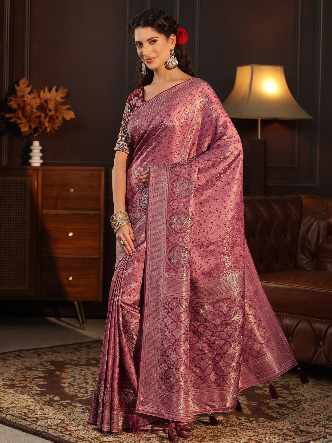  Libas Mauve Woven Design Silk Blend Tassel Saree with Stone Work 