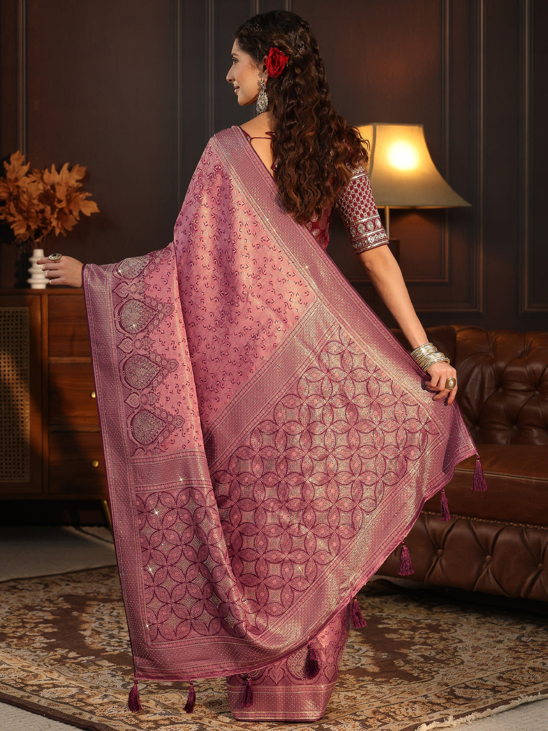 Libas Mauve Woven Design Silk Blend Tassel Saree with Stone Work 