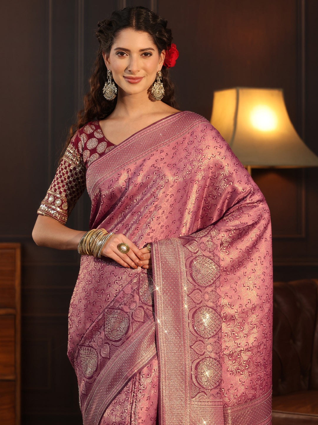  Libas Mauve Woven Design Silk Blend Tassel Saree with Stone Work 