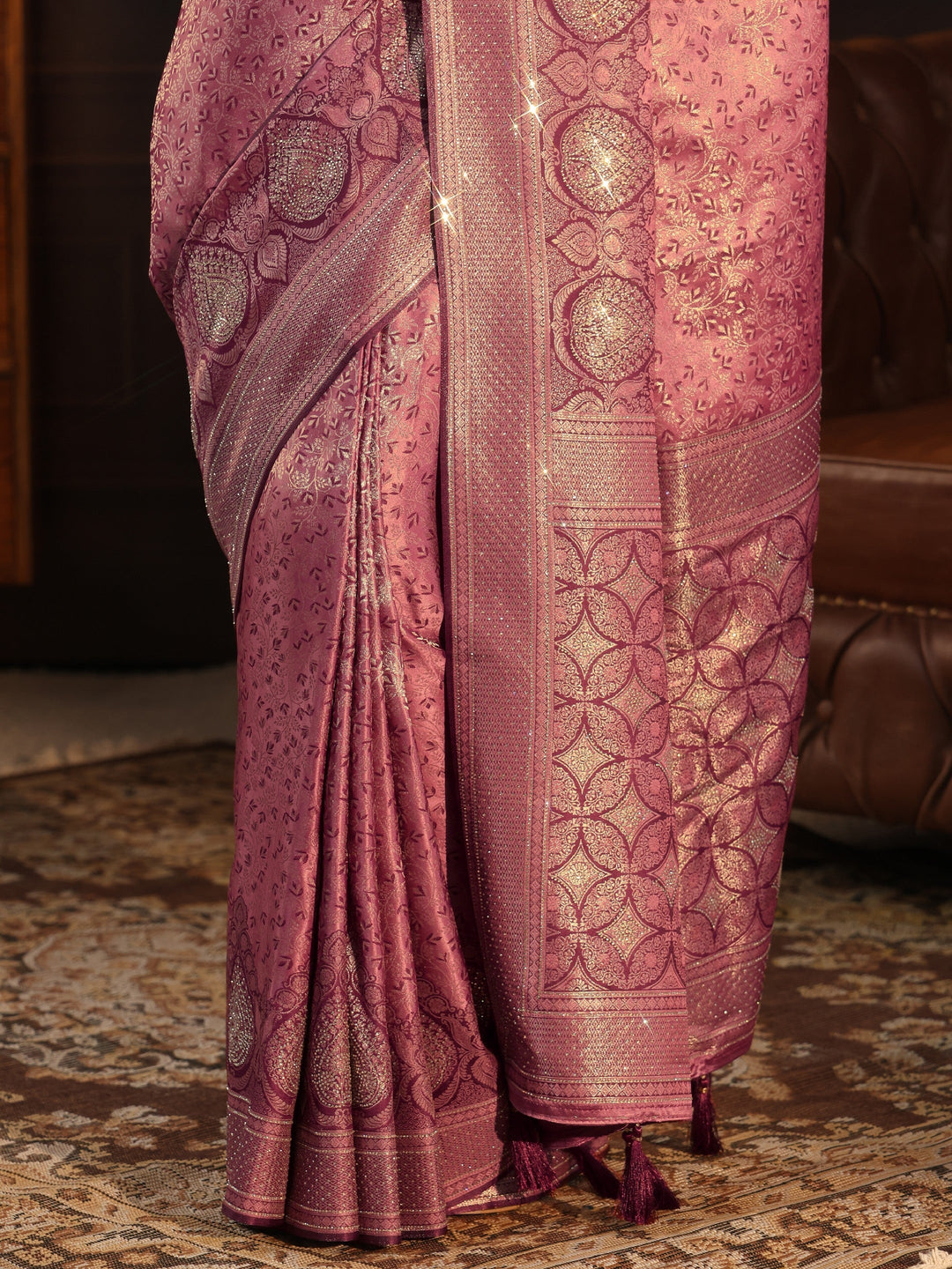  Libas Mauve Woven Design Silk Blend Tassel Saree with Stone Work 