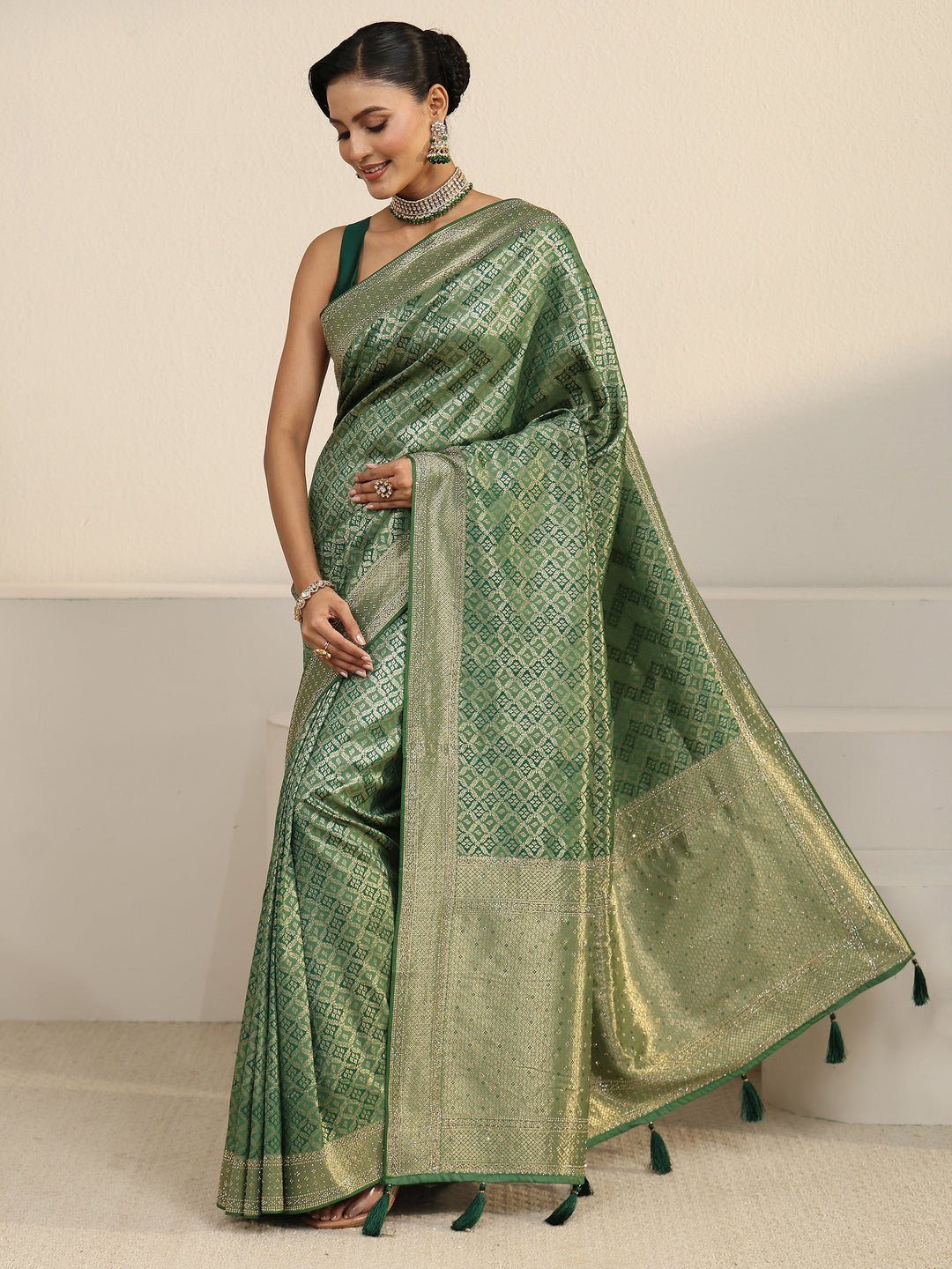  Libas Sage Green Ethnic Woven Design Silk Blend Tassel Saree 