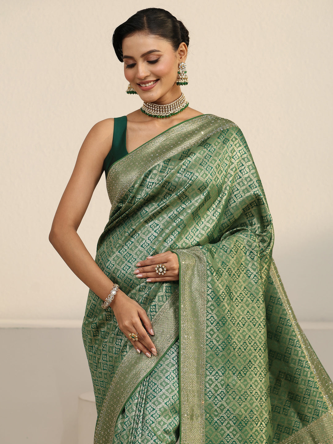  Libas Sage Green Ethnic Woven Design Silk Blend Tassel Saree 