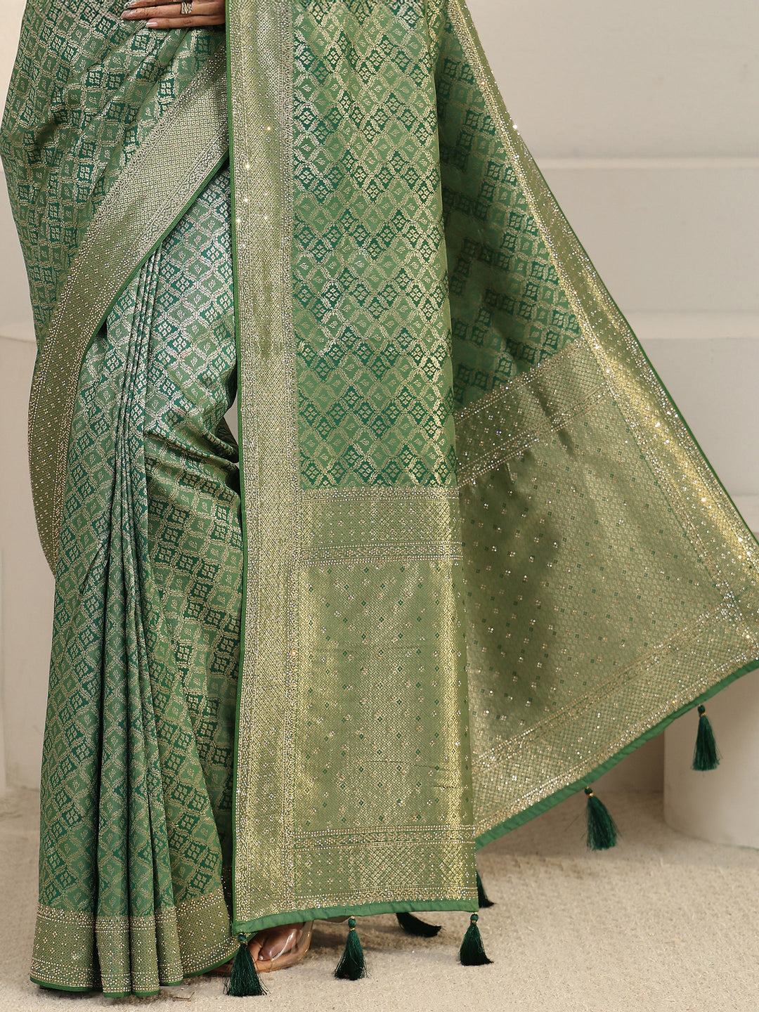  Libas Sage Green Ethnic Woven Design Silk Blend Tassel Saree 