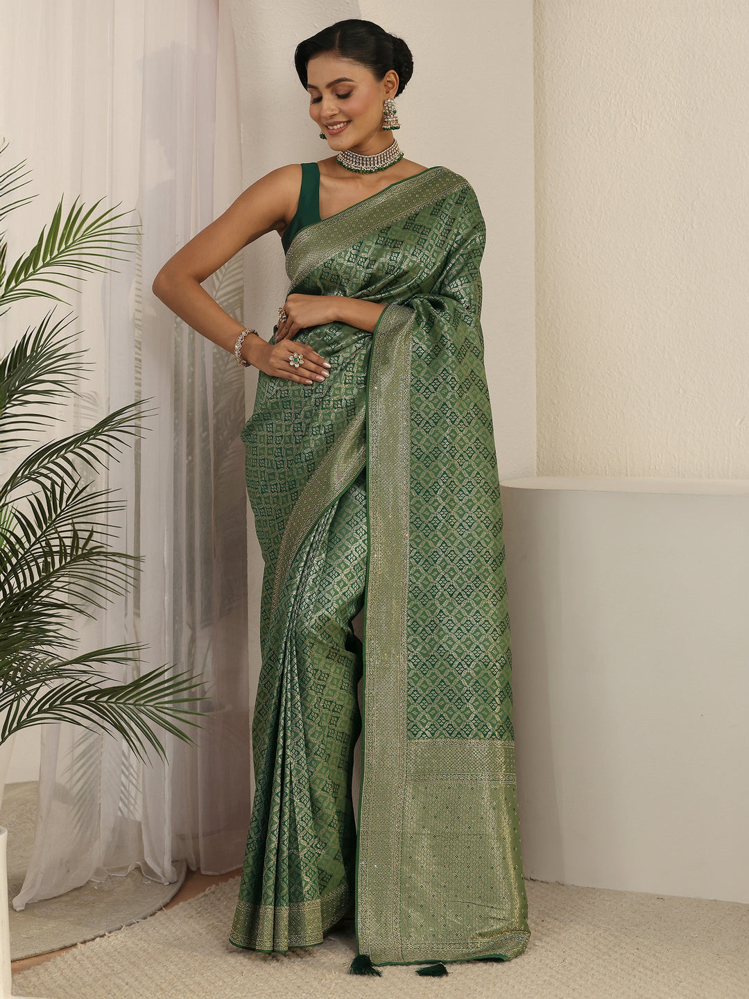  Libas Sage Green Ethnic Woven Design Silk Blend Tassel Saree 