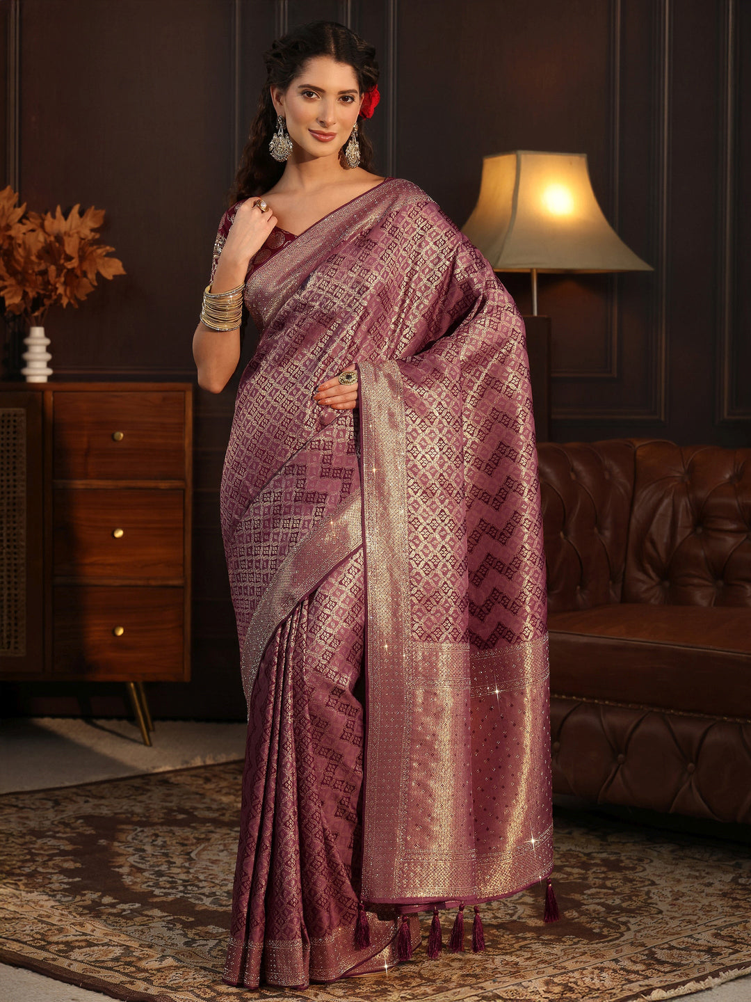  Libas Mauve Woven Design Silk Blend Tassel Saree with Stone Work 