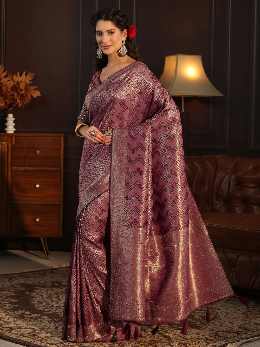  Libas Mauve Woven Design Silk Blend Tassel Saree with Stone Work 