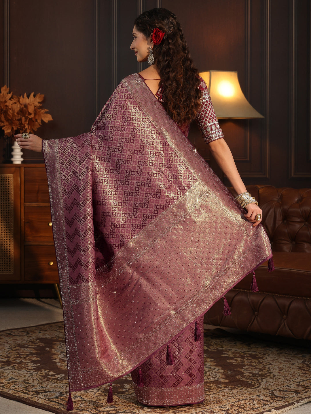  Libas Mauve Woven Design Silk Blend Tassel Saree with Stone Work 