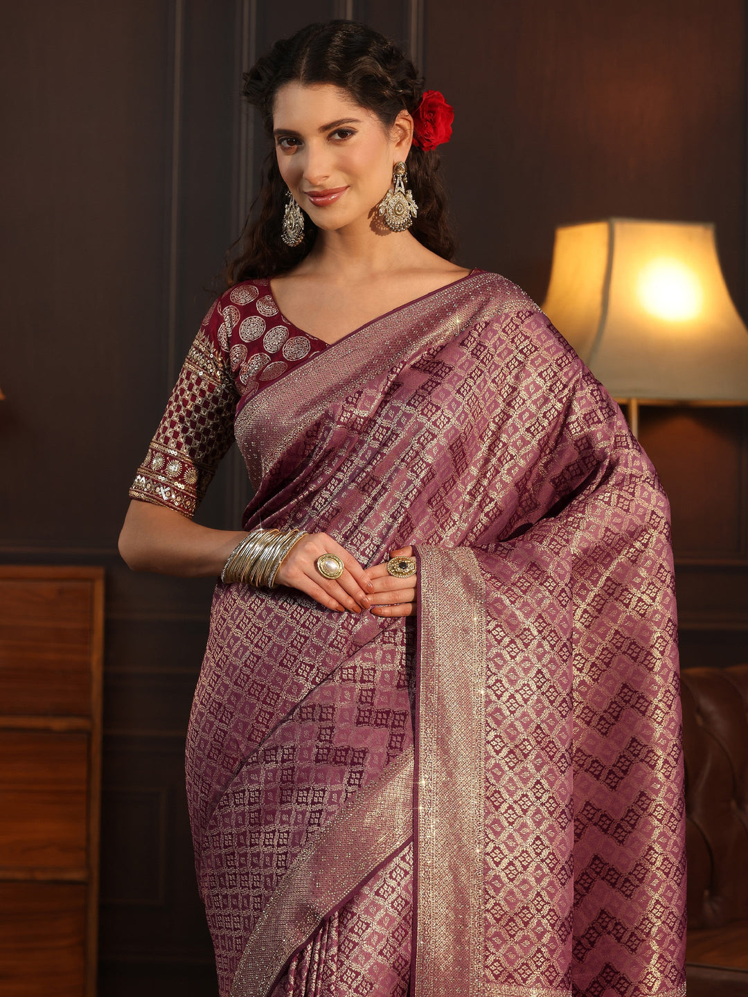  Libas Mauve Woven Design Silk Blend Tassel Saree with Stone Work 