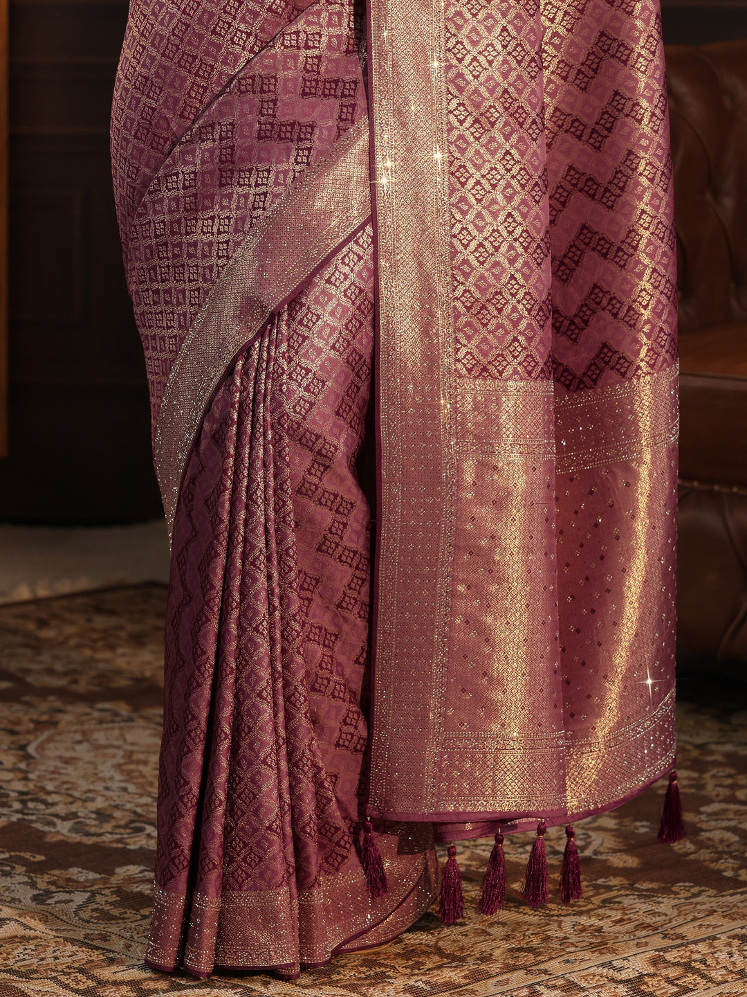  Libas Mauve Woven Design Silk Blend Tassel Saree with Stone Work 