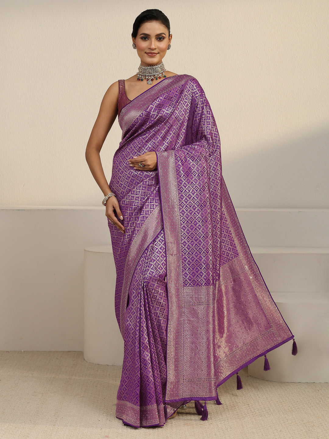  Libas Royal Purple Ethnic Woven Design Silk Blend Tassel Saree 