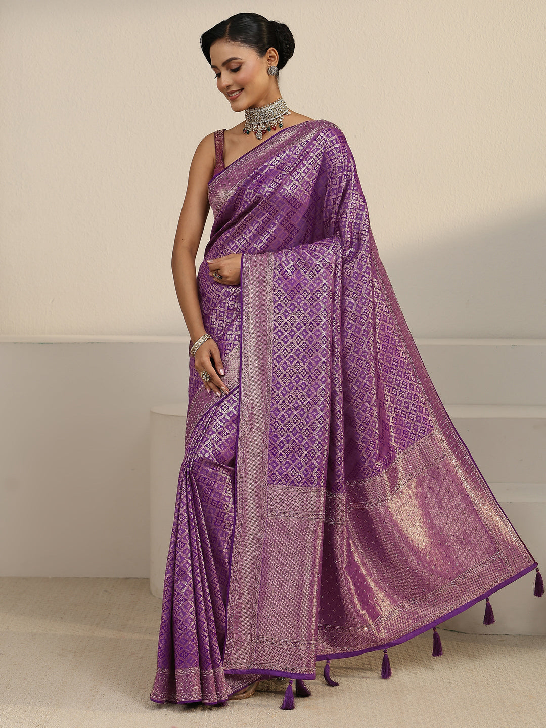  Libas Royal Purple Ethnic Woven Design Silk Blend Tassel Saree 