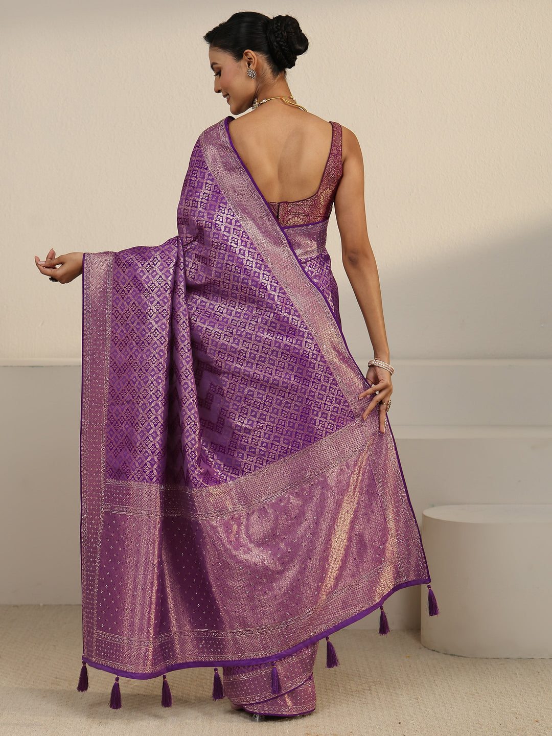  Libas Royal Purple Ethnic Woven Design Silk Blend Tassel Saree 