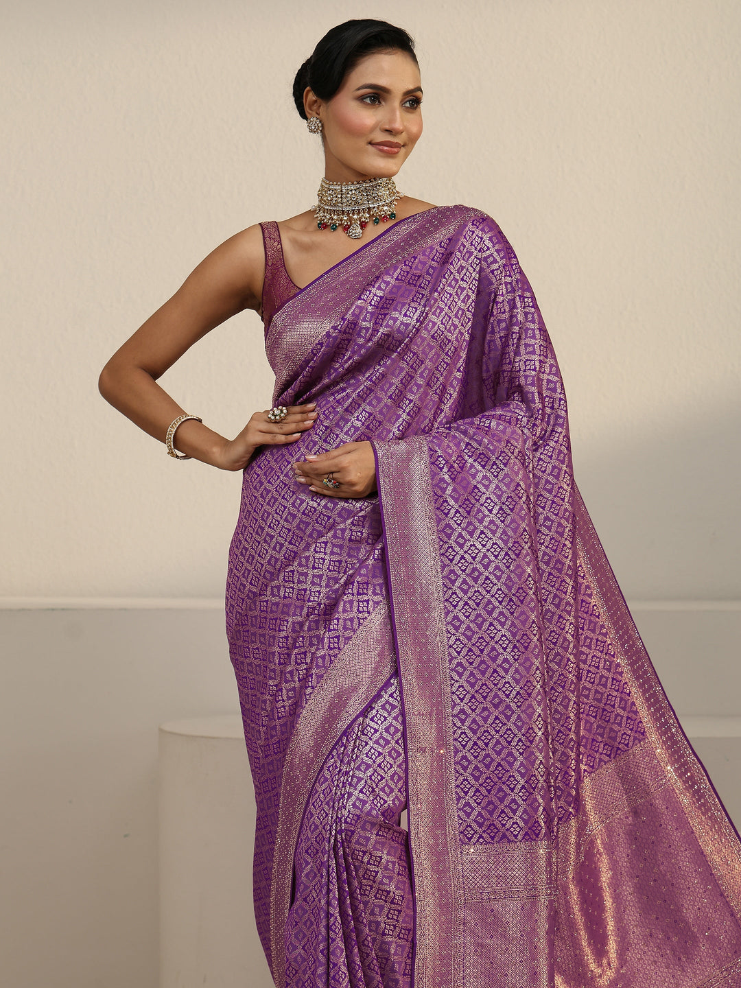  Libas Royal Purple Ethnic Woven Design Silk Blend Tassel Saree 