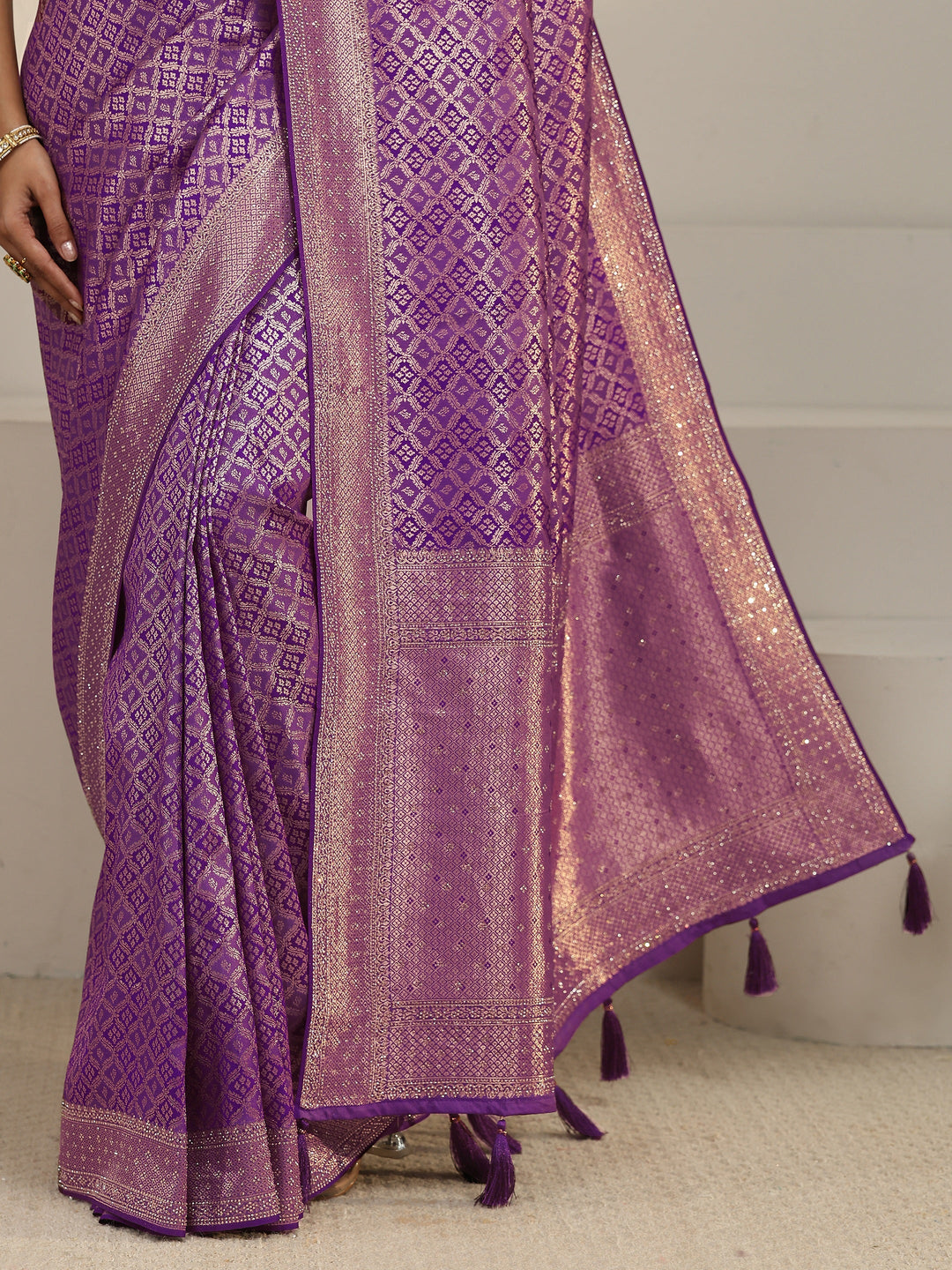  Libas Royal Purple Ethnic Woven Design Silk Blend Tassel Saree 