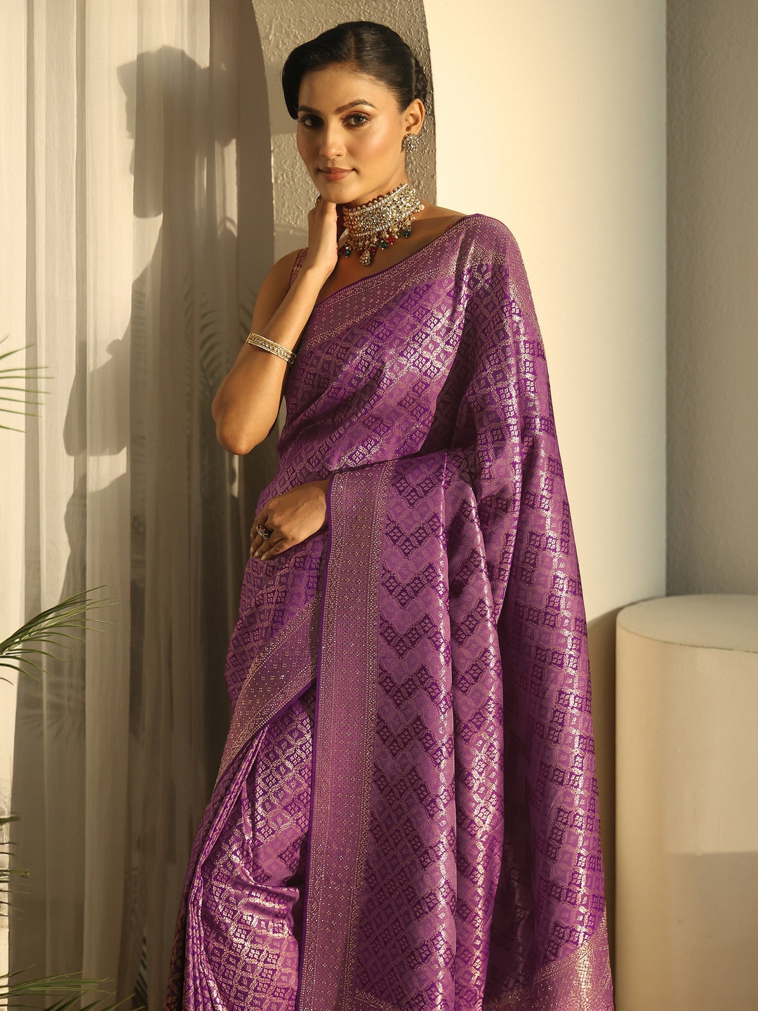  Libas Royal Purple Ethnic Woven Design Silk Blend Tassel Saree 