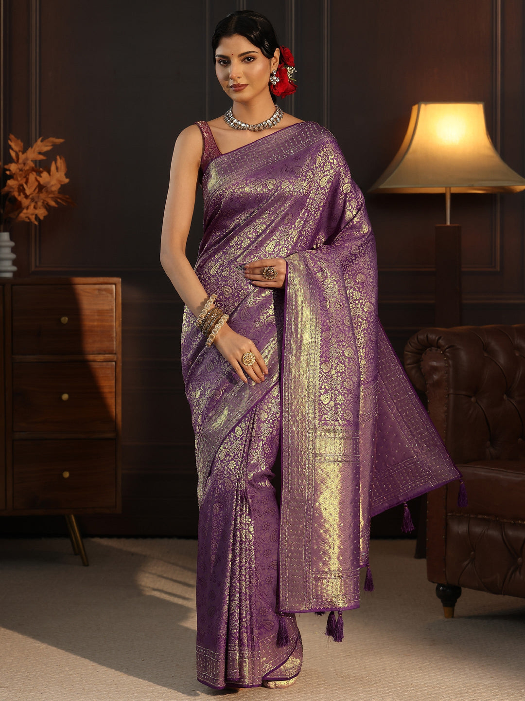  Libas Purple Woven Design Silk Blend Tassel Saree with Stone Work 