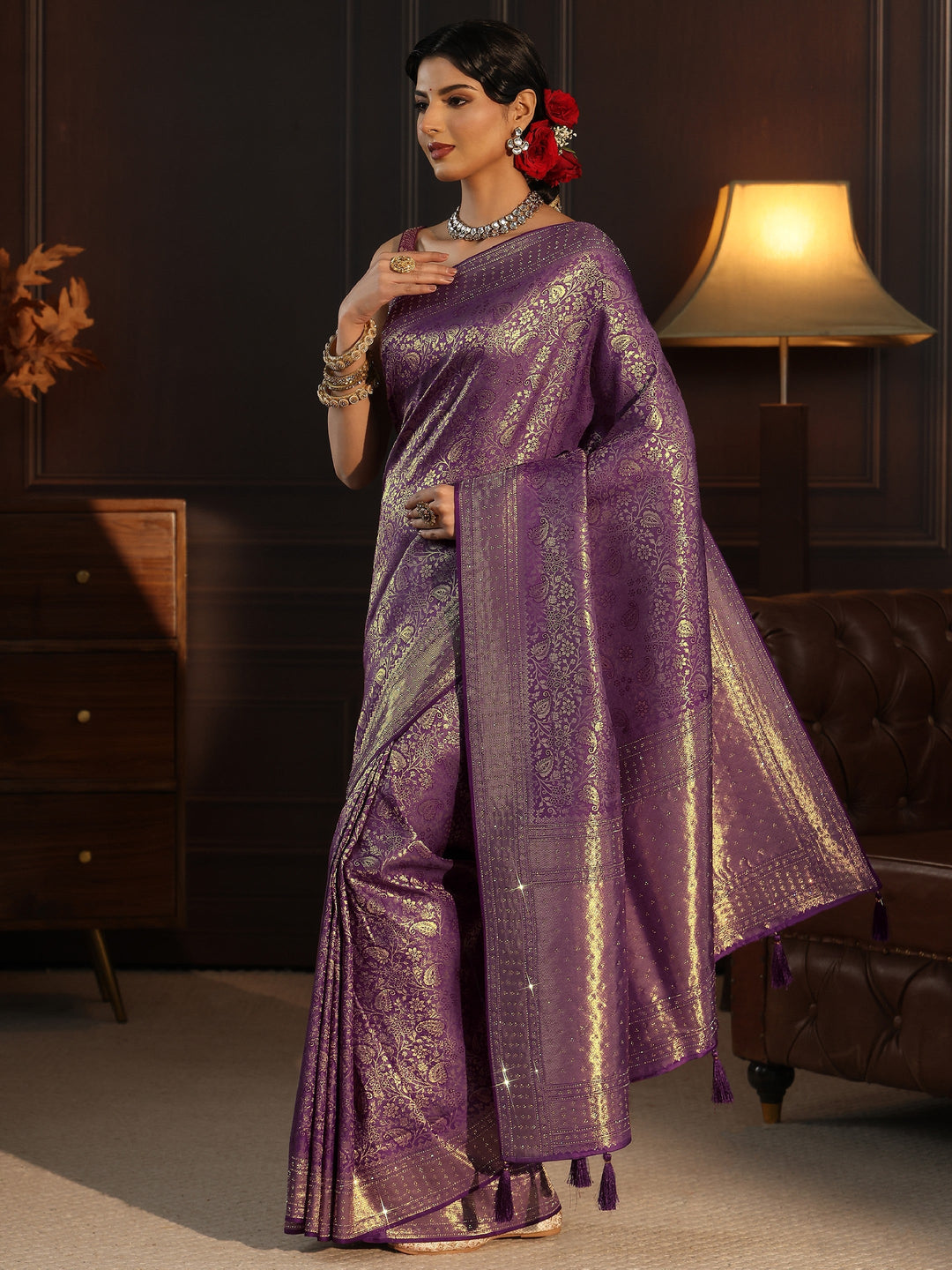  Libas Purple Woven Design Silk Blend Tassel Saree with Stone Work 