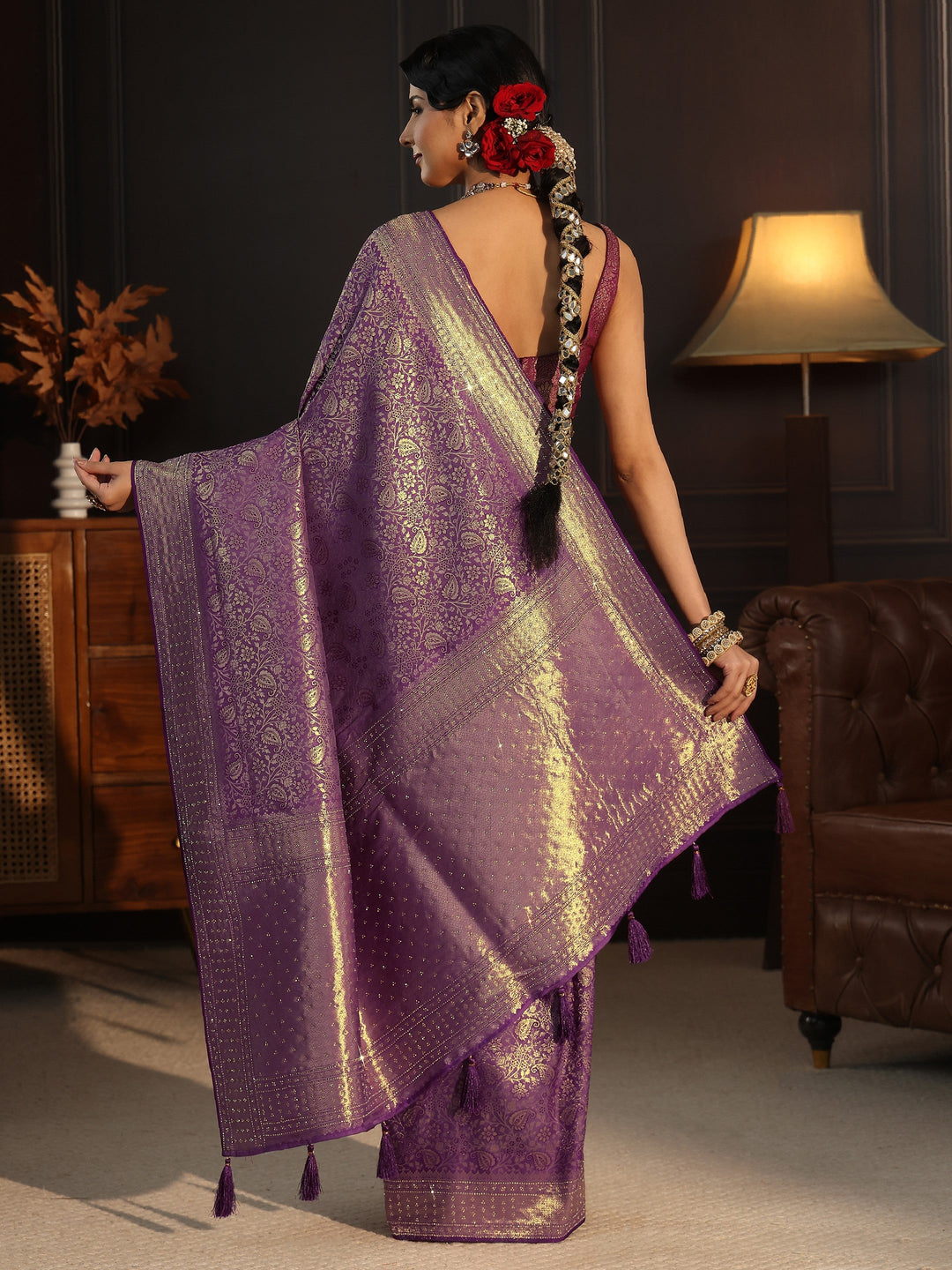  Libas Purple Woven Design Silk Blend Tassel Saree with Stone Work 