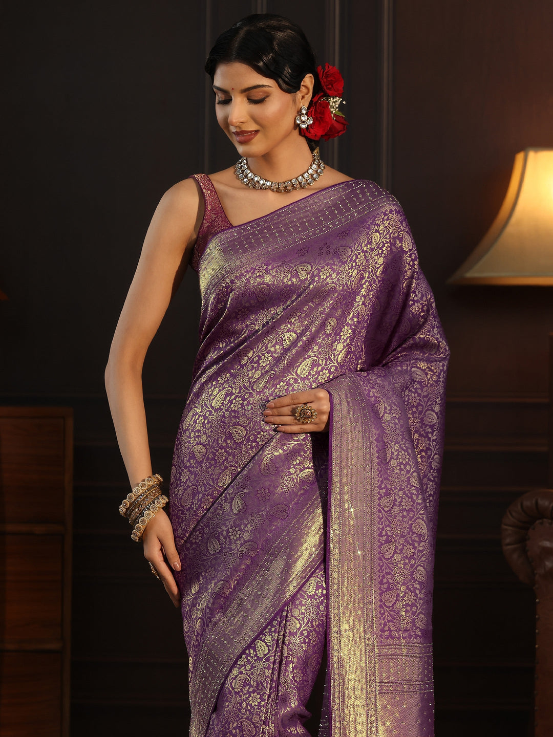  Libas Purple Woven Design Silk Blend Tassel Saree with Stone Work 