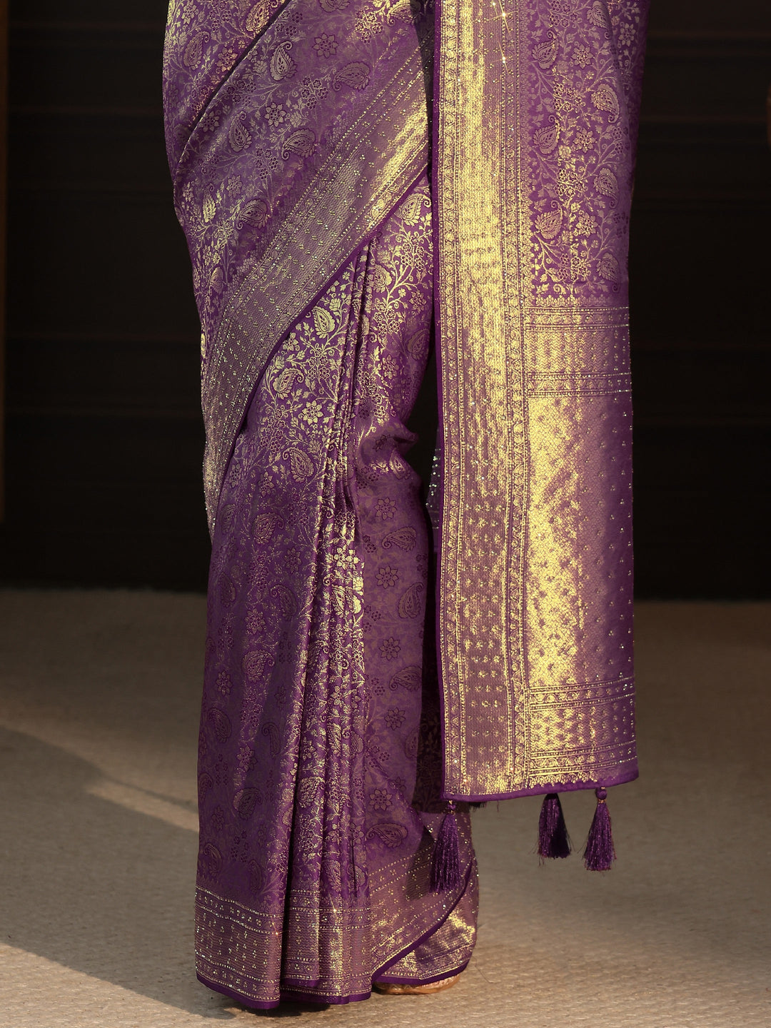  Libas Purple Woven Design Silk Blend Tassel Saree with Stone Work 