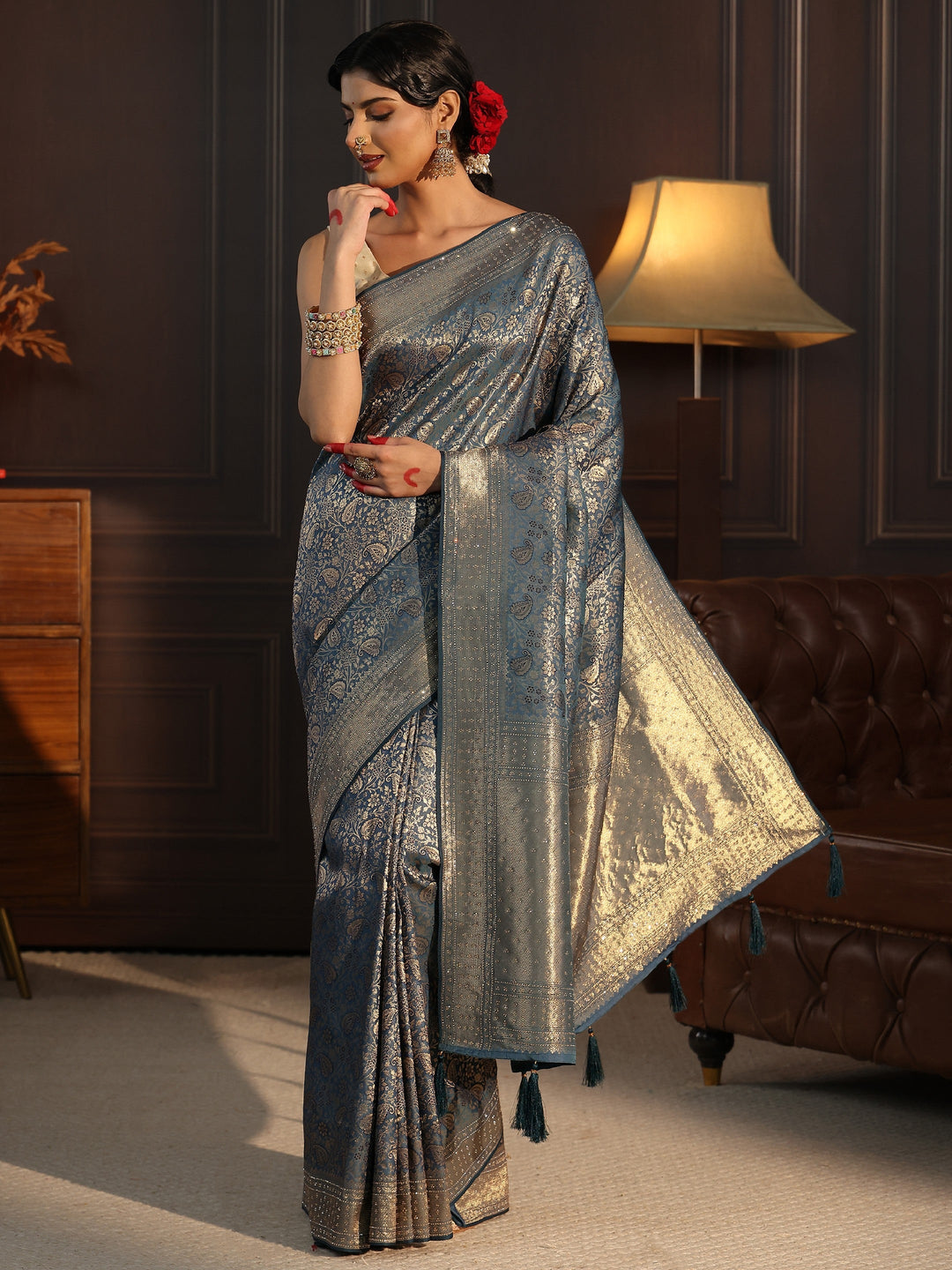  Libas Blue Woven Design Silk Blend Tassel Saree with Stone Work 