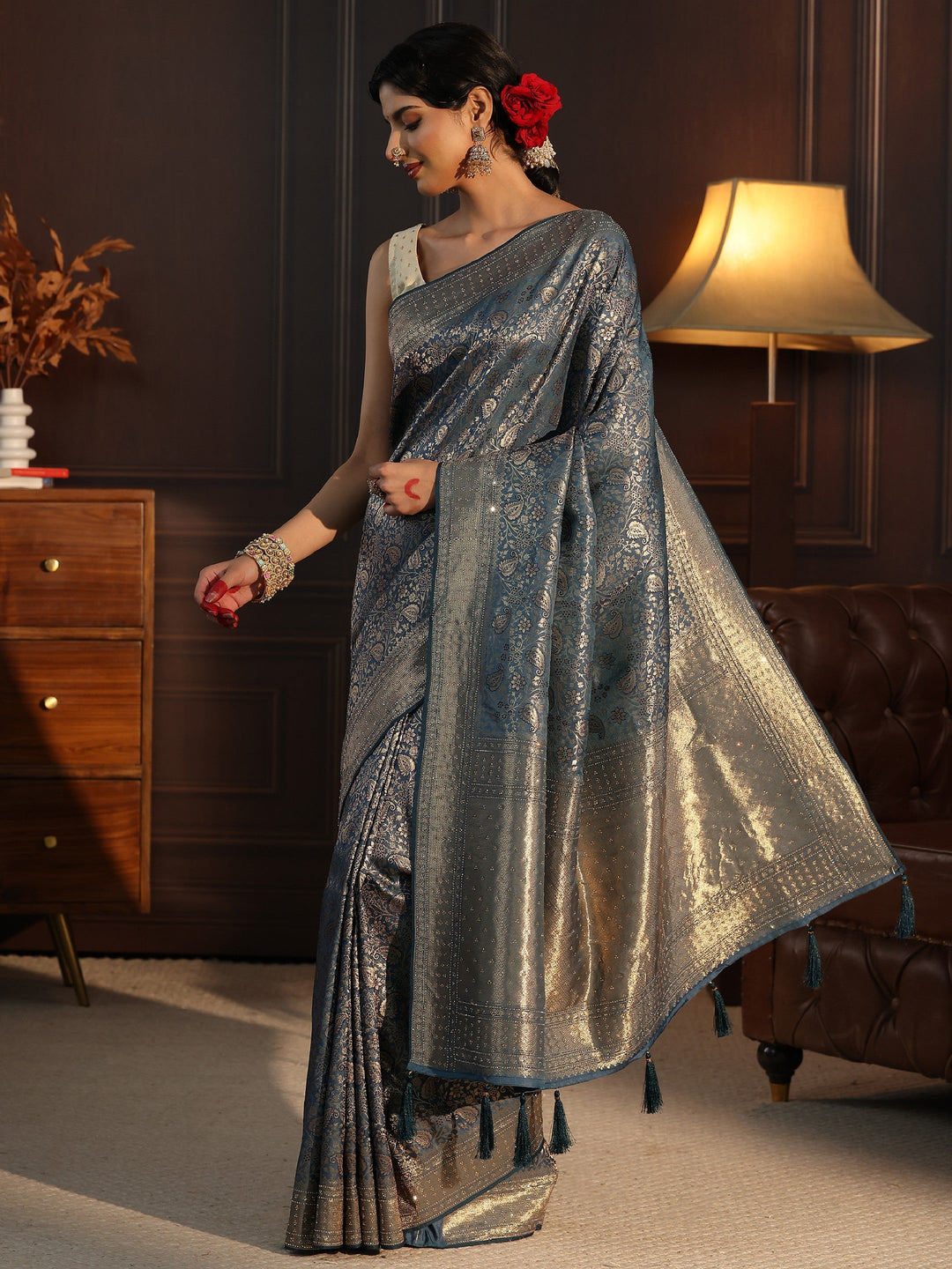  Libas Blue Woven Design Silk Blend Tassel Saree with Stone Work 